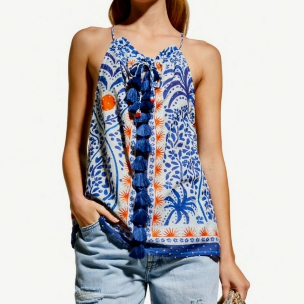 Farm Rio Tank Top Afternoon Breeze Beaded Tassel Tie Cotton Blouse Sz L NWT
